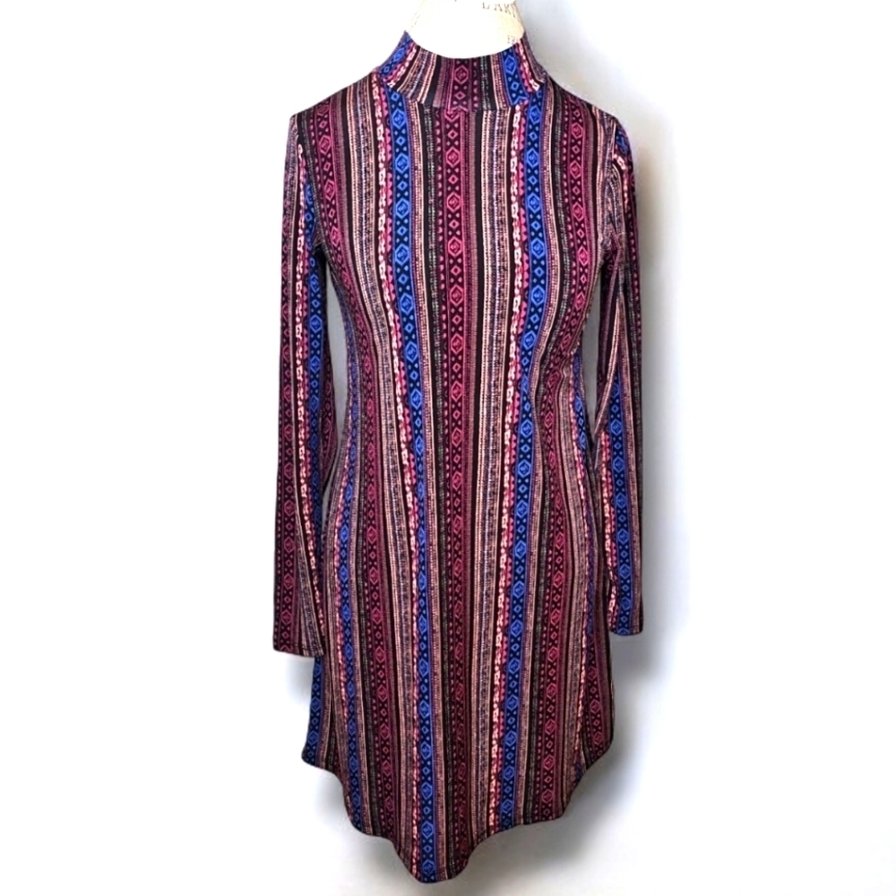 BCBGeneration Maroon & Blue Striped Pattern Long-Sleeve Mini Dress - Size Small - Picture 2 of 7